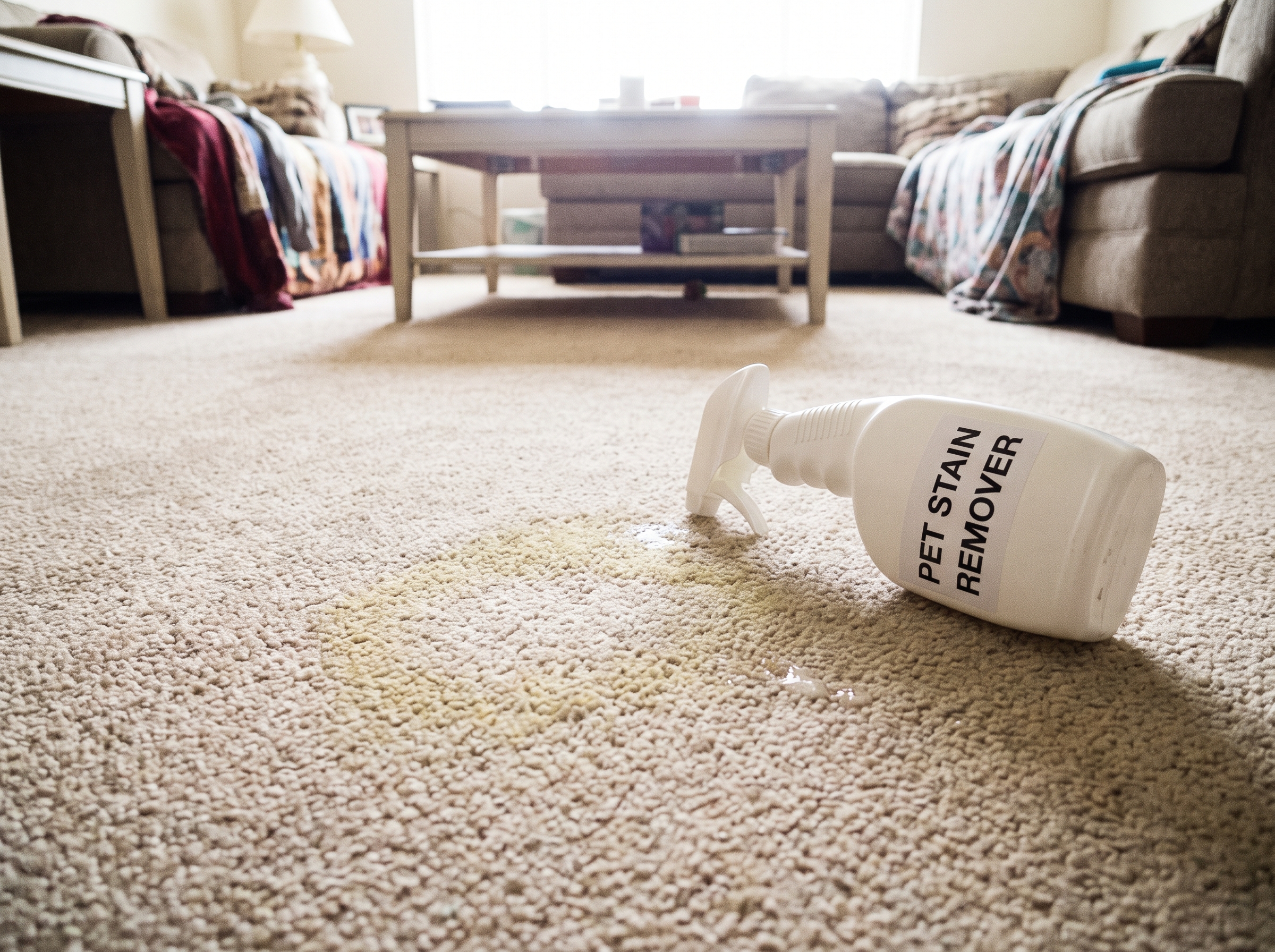 Urine stain on carpet with pet stain remover bottle